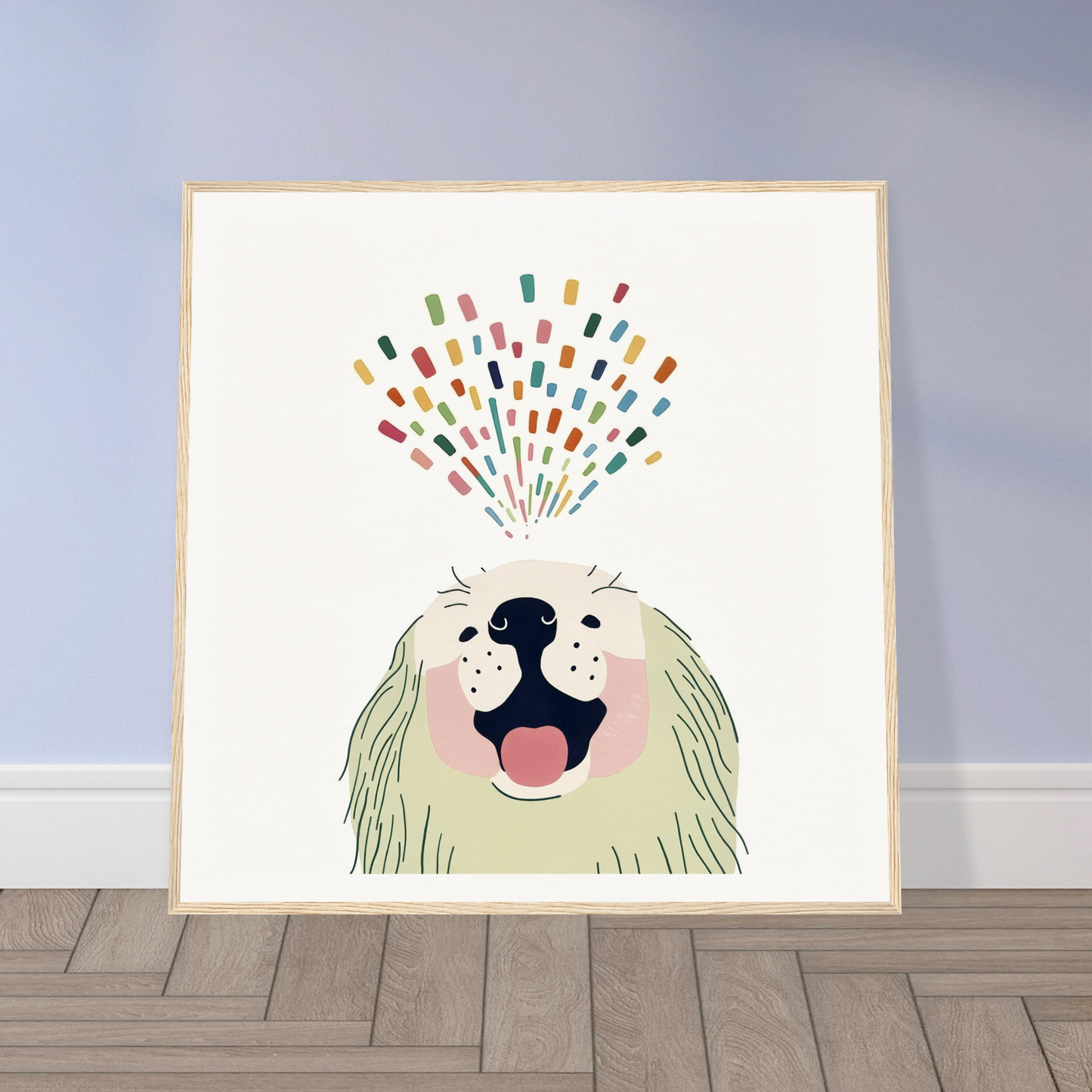 Cheerful cartoon monster with shaggy hair shooting vibrant confetti from its head