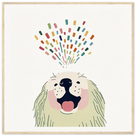 Happy dog celebrating with colorful confetti for Barking Burst Delight product