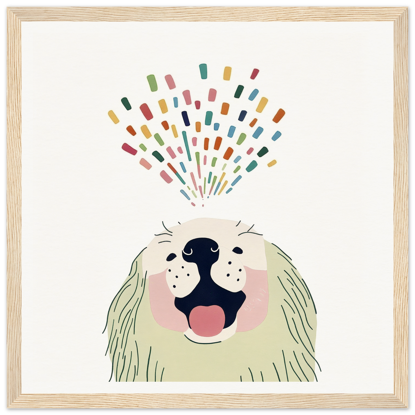 Happy dog with colorful confetti shapes representing Barking Burst Delight product