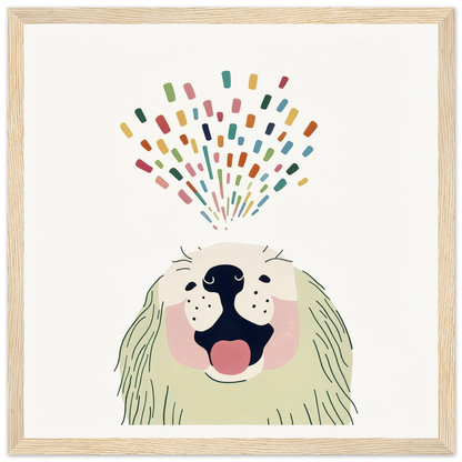 Happy dog with colorful confetti shapes representing Barking Burst Delight product