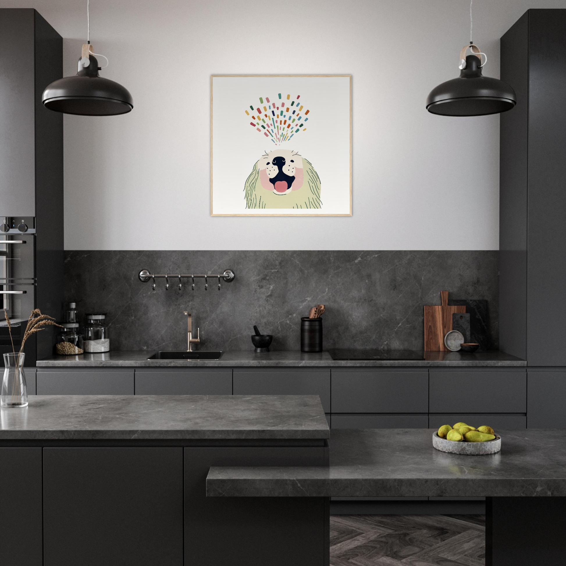 Modern dark gray kitchen featuring whimsical dog artwork in Barking Burst Delight