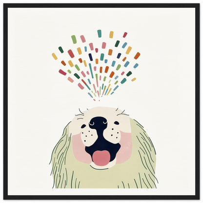 Happy dog celebrating with colorful confetti for Barking Burst Delight product