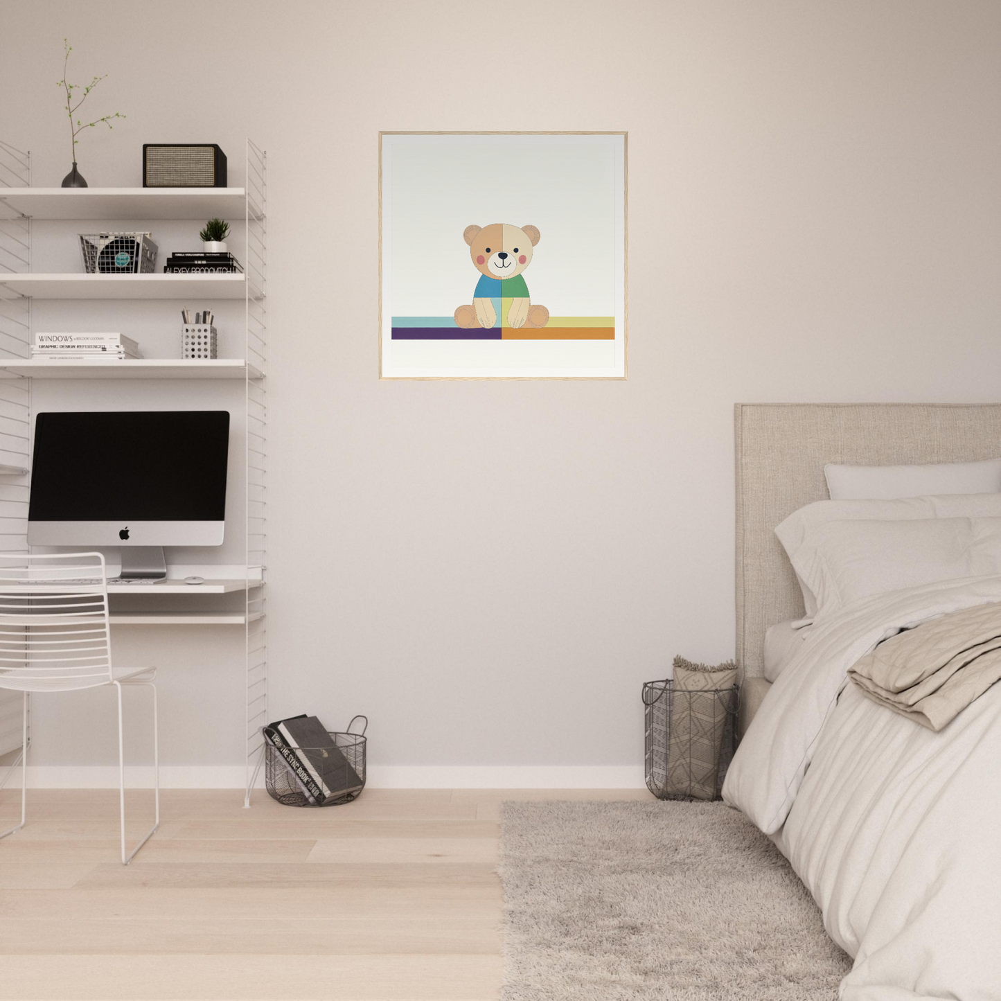 Minimalist bedroom featuring Bear Serene special edition art™ with white floating shelves