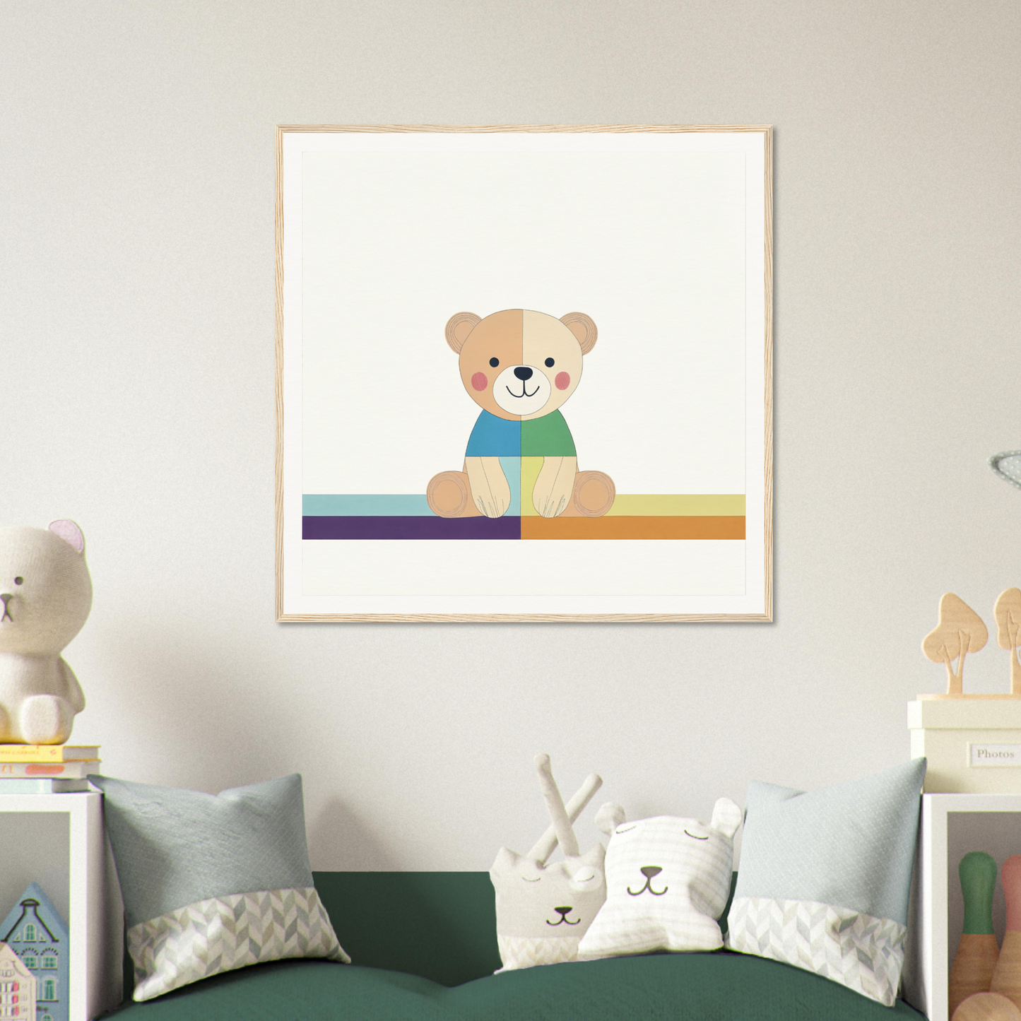 Cute cartoon teddy bear wearing a teal scarf on a rainbow bar, Bear Serene special edition