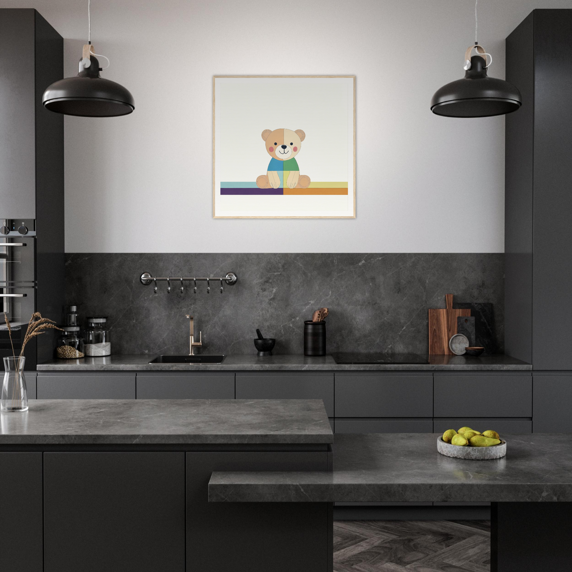 Modern dark gray kitchen featuring Bear Serene special edition art™ and black pendant lights