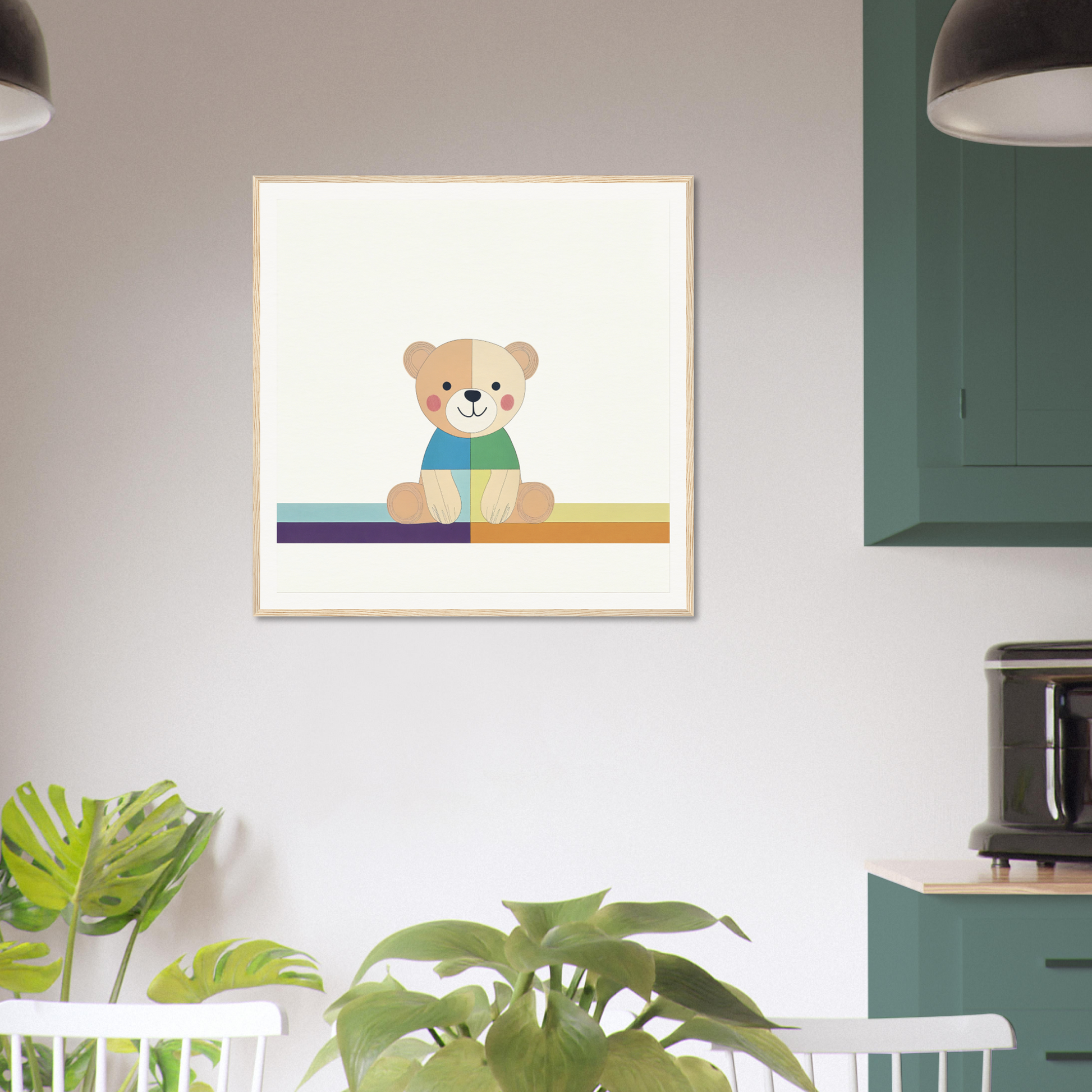 Framed illustration of a teddy bear in a turquoise shirt from Bear Serene special edition