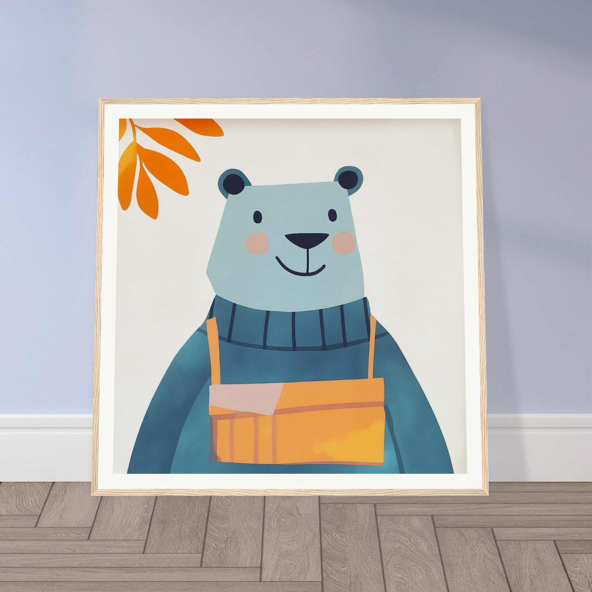 Cute cartoon bear in a blue sweater and orange overalls from Bear Serenity Spectacle