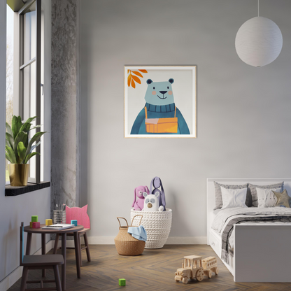 Framed illustration of a blue bear wearing a scarf from Bear Serenity Spectacle special edition art™