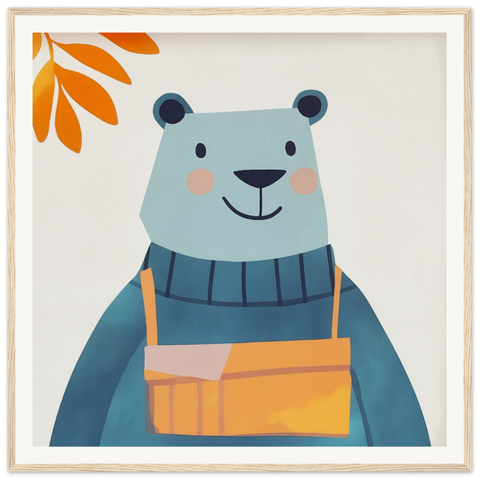 Cute cartoon bear in blue sweater and orange overalls from Bear Serenity Spectacle