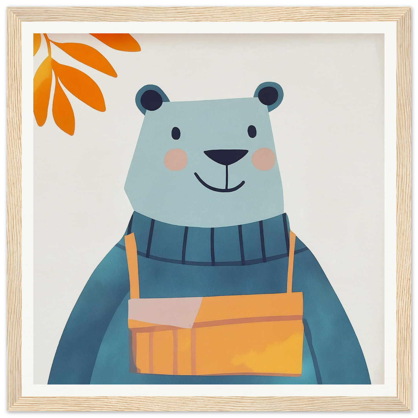 Cute cartoon bear in blue sweater and orange overalls from Bear Serenity Spectacle