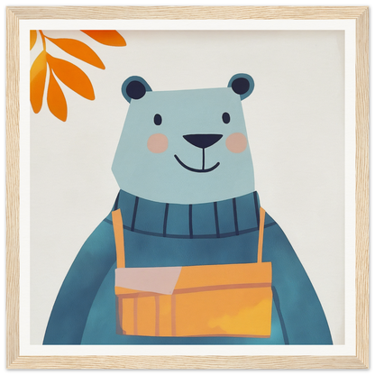 Cute cartoon bear in blue sweater and orange overalls from Bear Serenity Spectacle