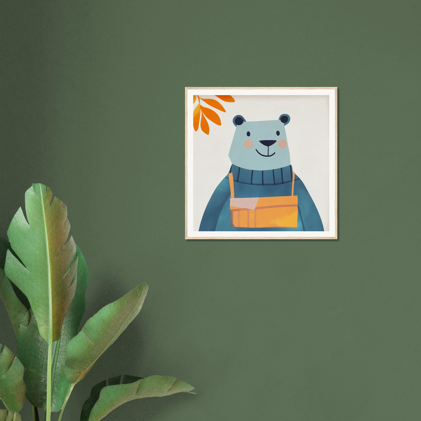 Framed illustration of a smiling blue bear in a scarf from Bear Serenity Spectacle