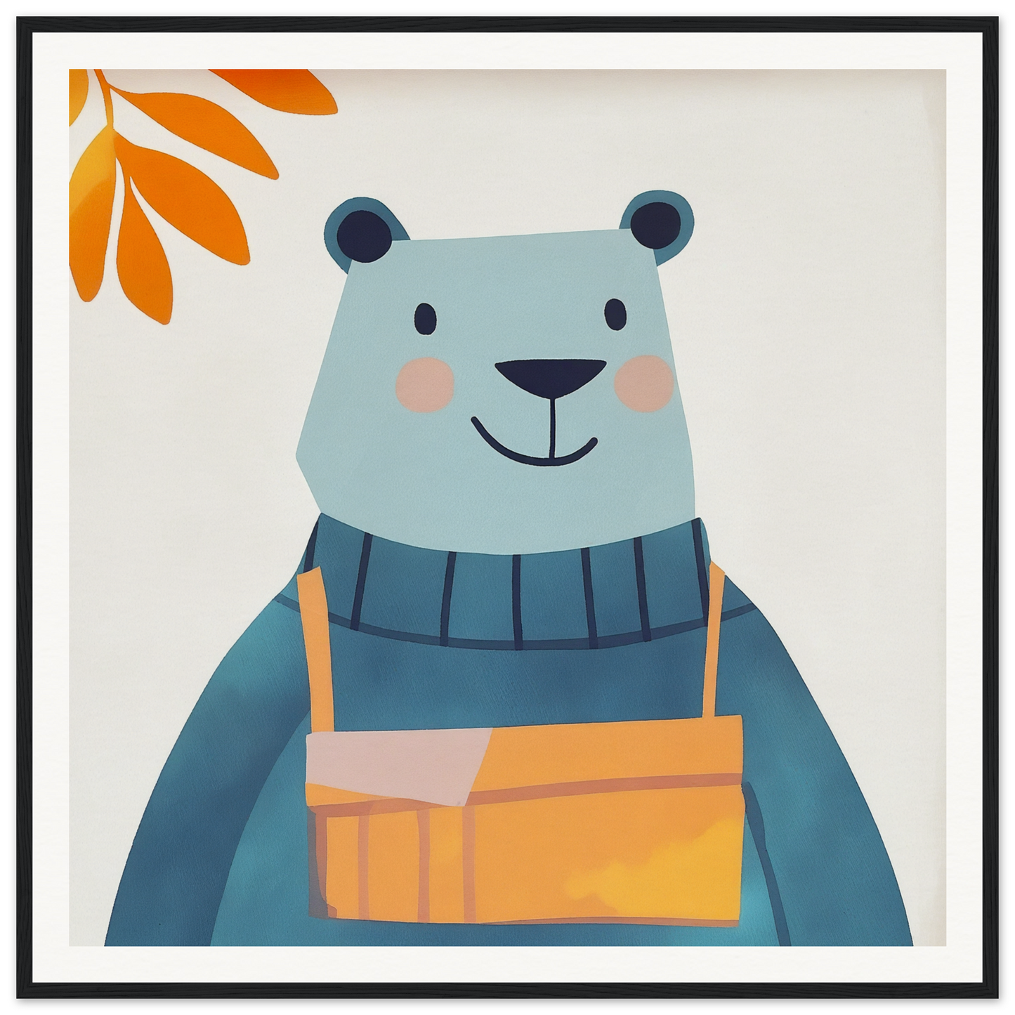 Cute cartoon bear in blue sweater and orange overalls from Bear Serenity Spectacle