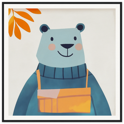 Cute cartoon bear in blue sweater and orange overalls from Bear Serenity Spectacle