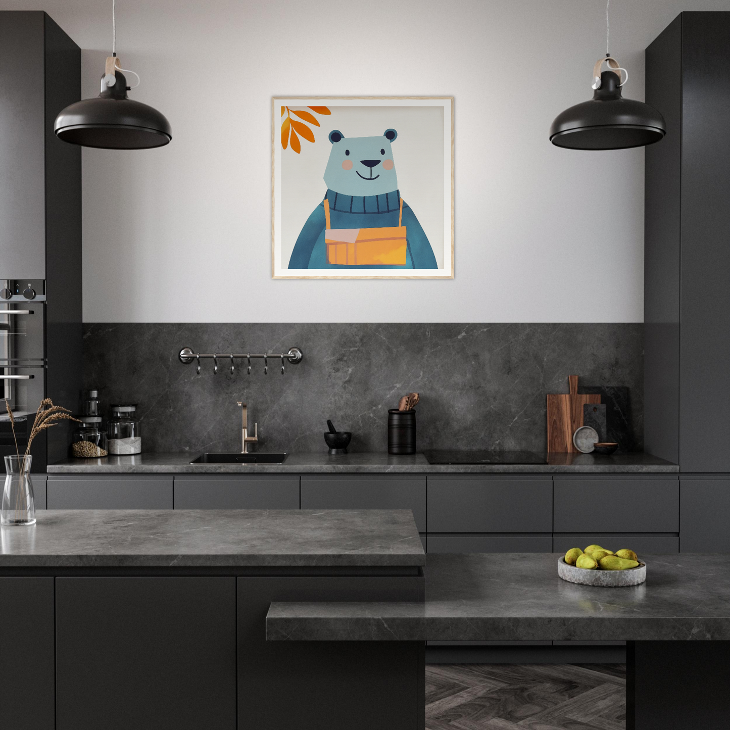 Modern dark gray kitchen featuring Bear Serenity Spectacle whimsical bear artwork