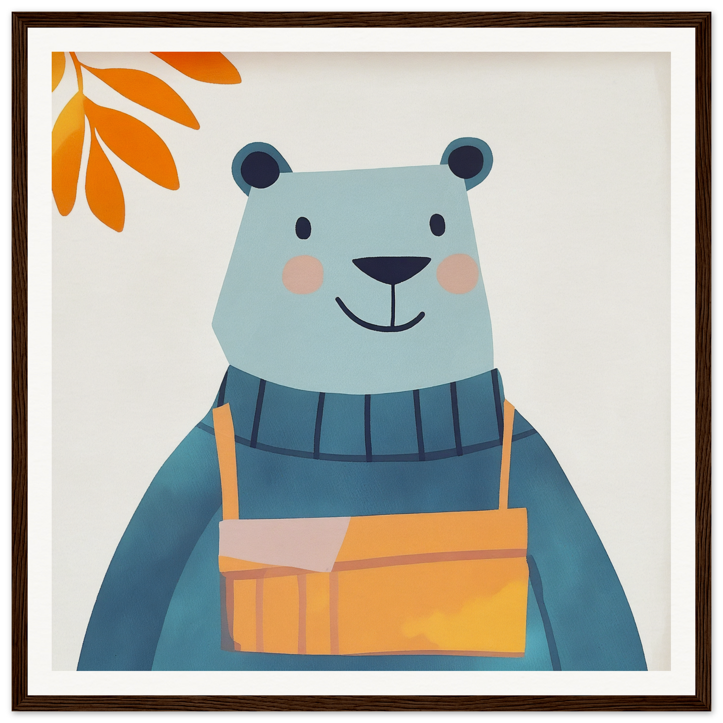 Smiling blue bear in striped scarf and orange overalls from Bear Serenity Spectacle