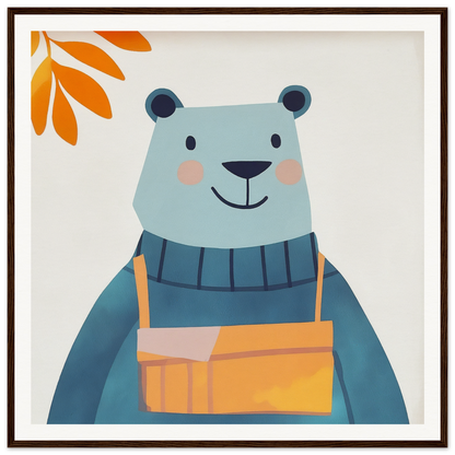 Cute cartoon bear in a blue sweater and orange overalls from Bear Serenity Spectacle