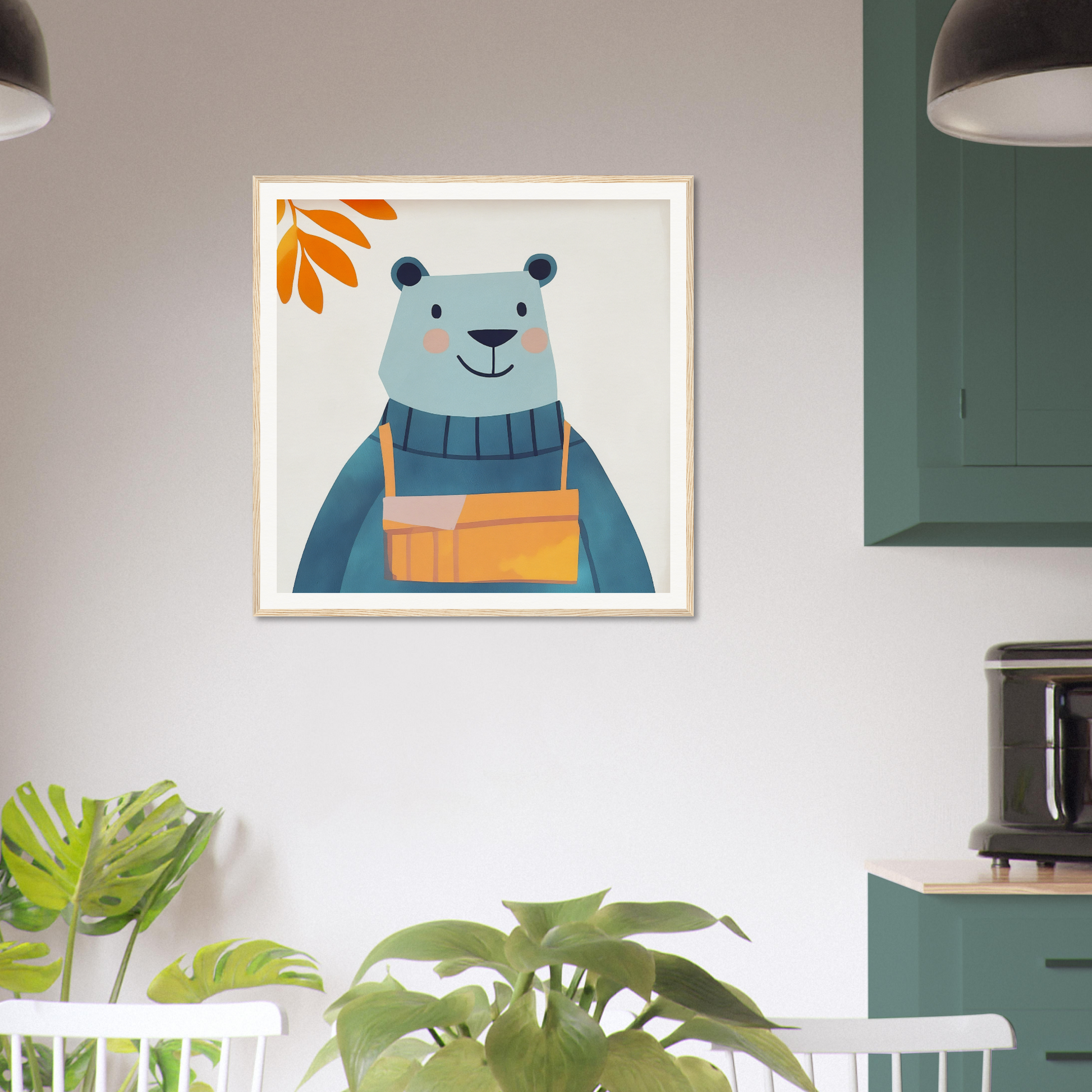 Framed illustration of a bear in a blue sweater and yellow overalls from Bear Serenity Spectacle