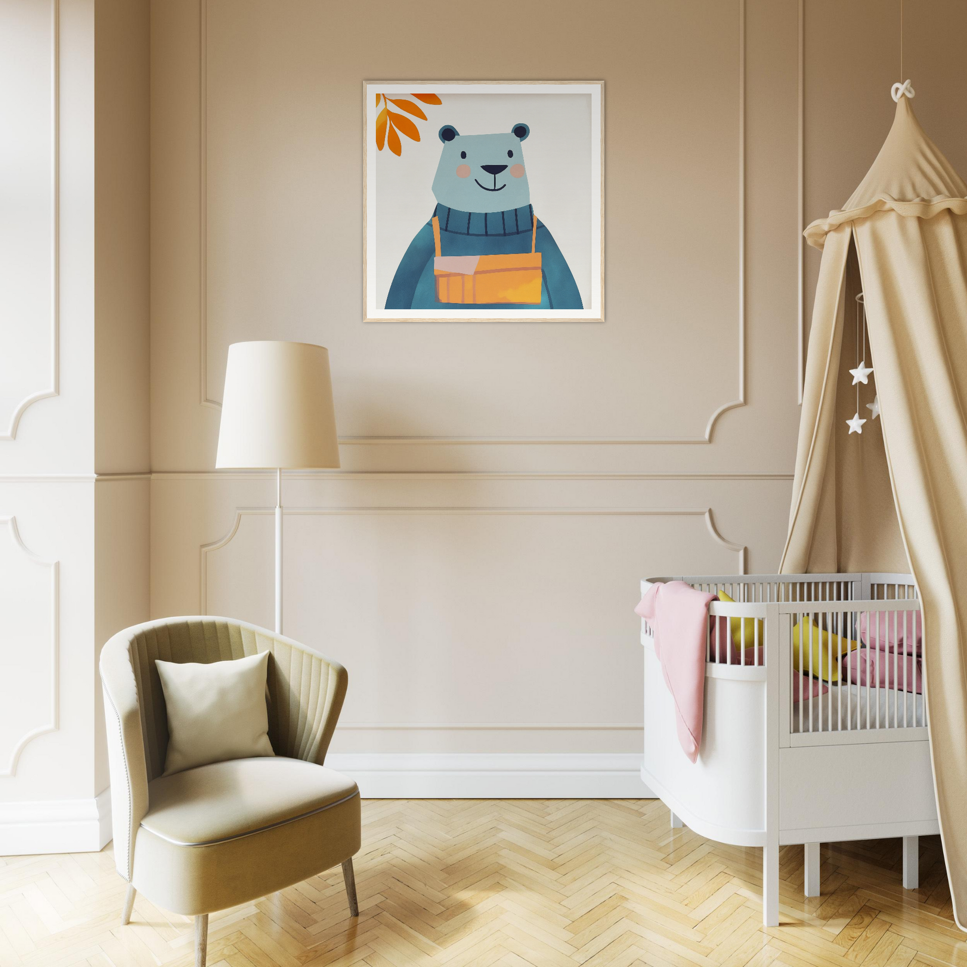 Framed illustration of a bear in a blue sweater from the Bear Serenity Spectacle