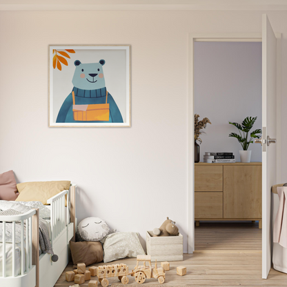 Framed illustration of a smiling bear in blue sweater and orange overalls for Bear Serenity Spectacle