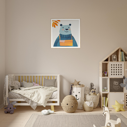 Framed illustration of a polar bear in a blue and orange outfit from Bear Serenity Spectacle