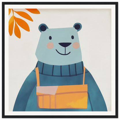 Smiling blue bear in striped sweater and orange overalls from Bear Serenity Spectacle