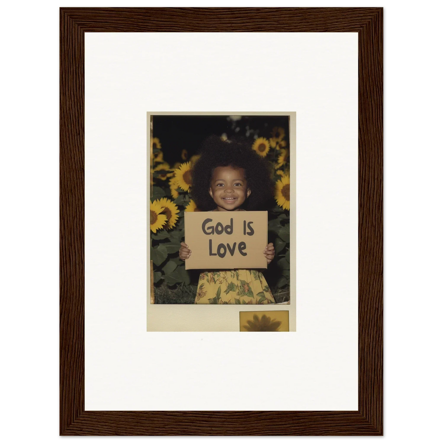 Framed photo of a child with God Is Love sign and sunflowers in vibrant wall art