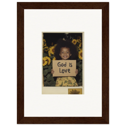 Framed photo of a child with God Is Love sign and sunflowers in vibrant wall art