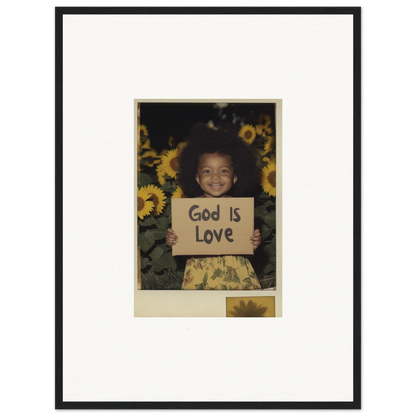 Smiling child with God Is Love sign in sunflowers for cheerful room decoration wall art