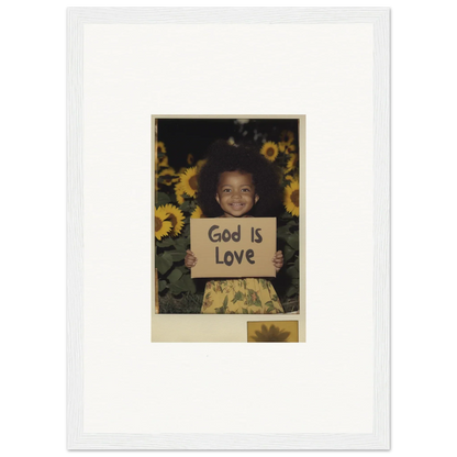 Framed wall art of child with God Is Love sign and sunflowers for cozy room decoration