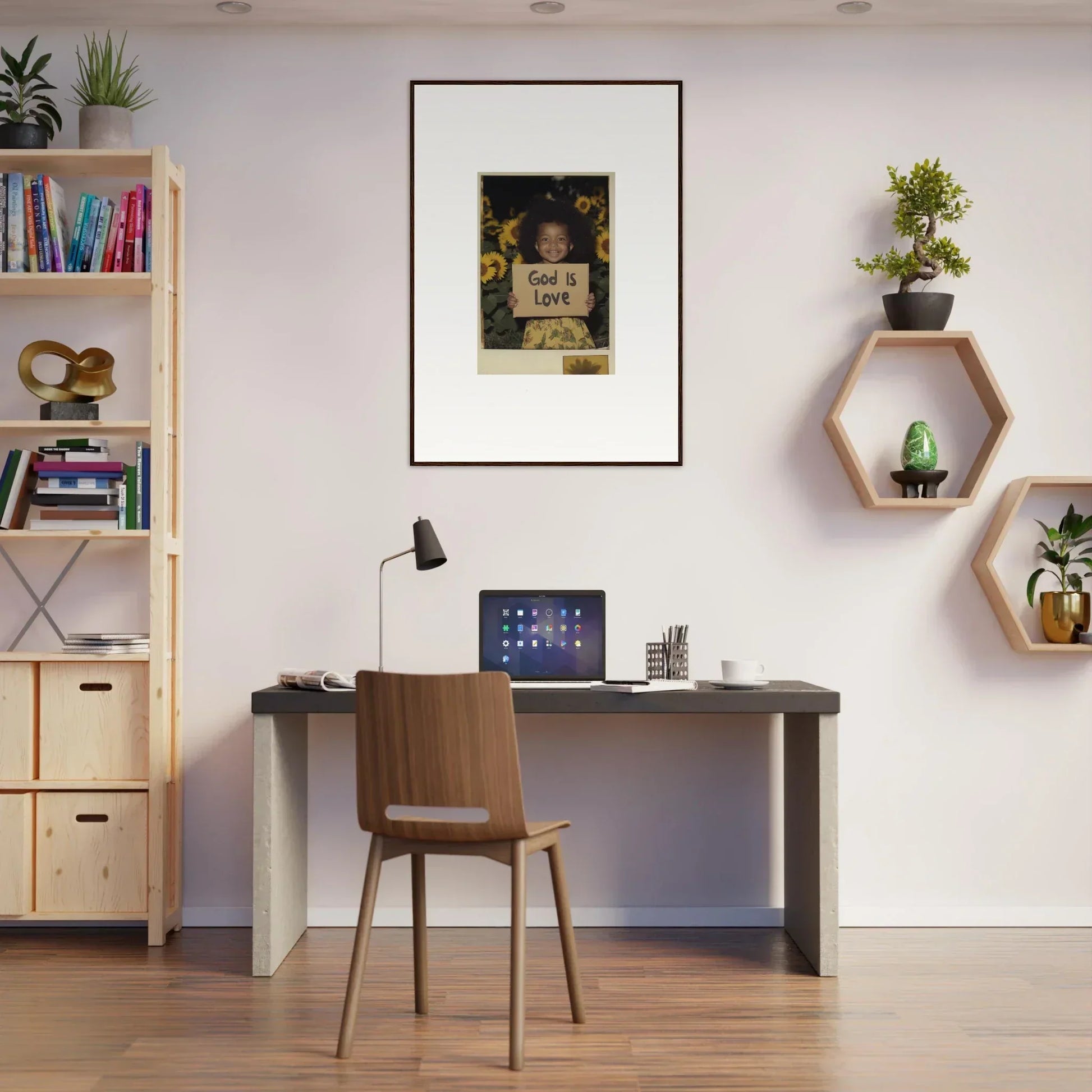 Cozy home office with stylish desk, chair, and decorative wall art shelves