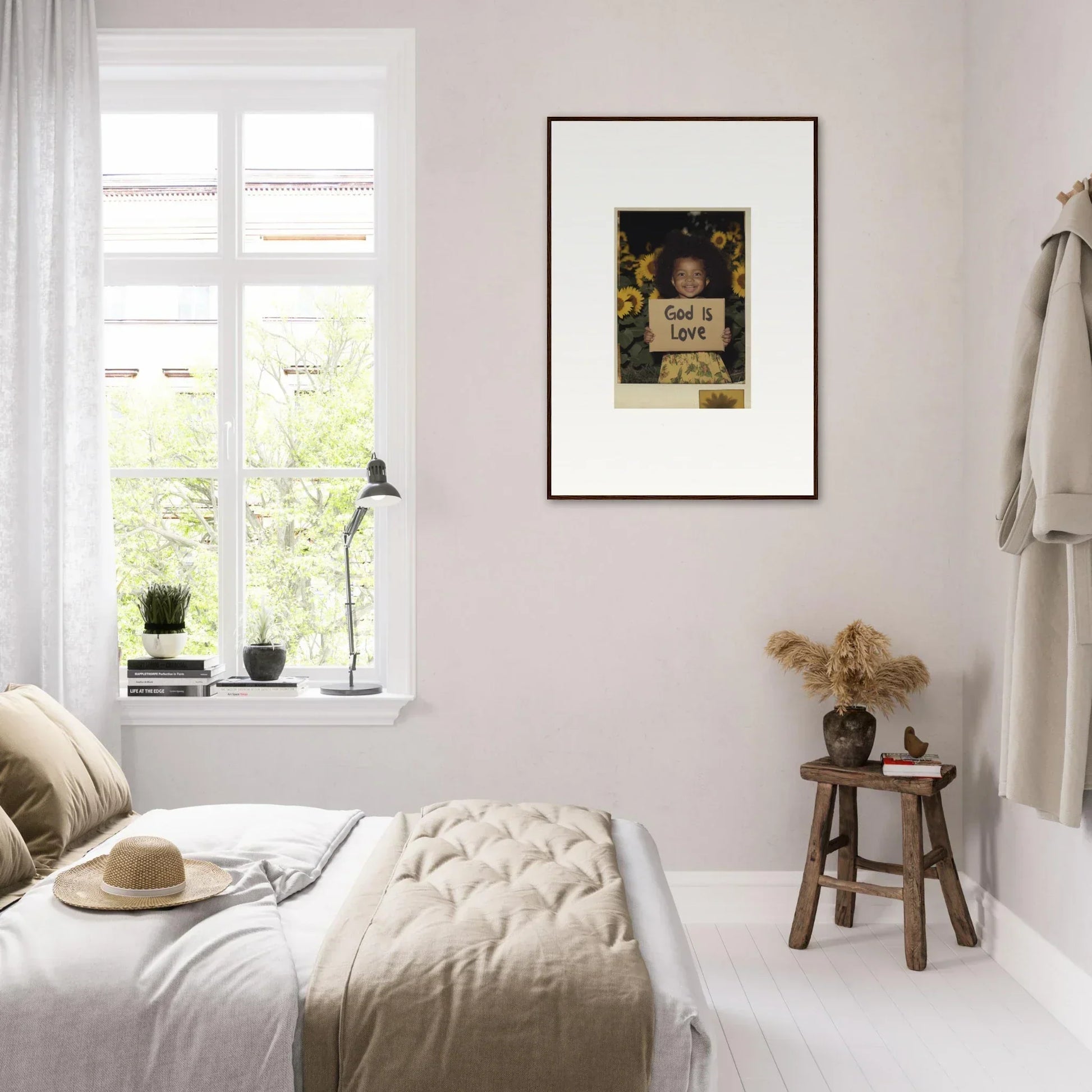 Cozy bedroom featuring neutral decor and a lovely canvas print wall art