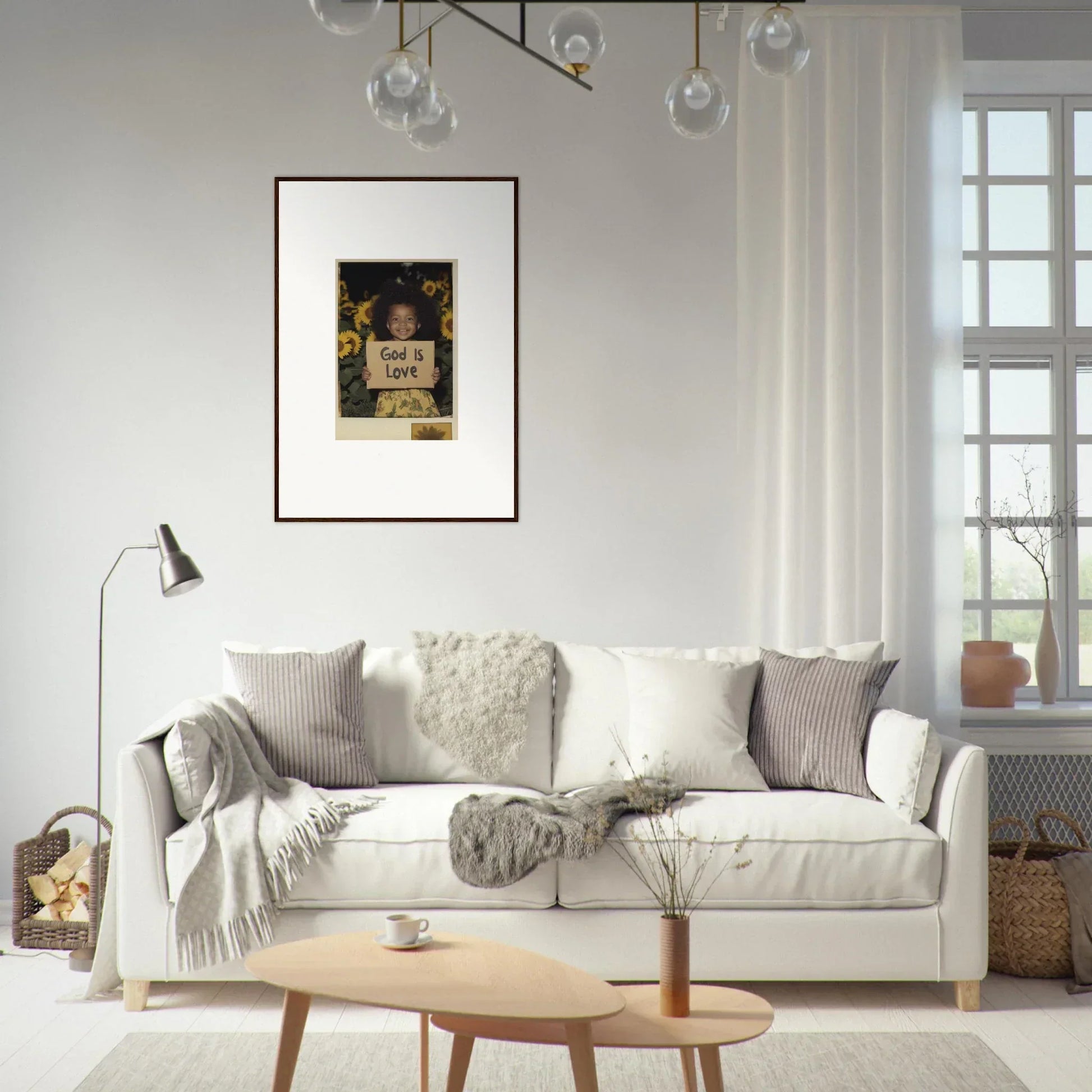 Cozy white sofa with throw pillows, perfect for room decoration with Blooms of Luminescence