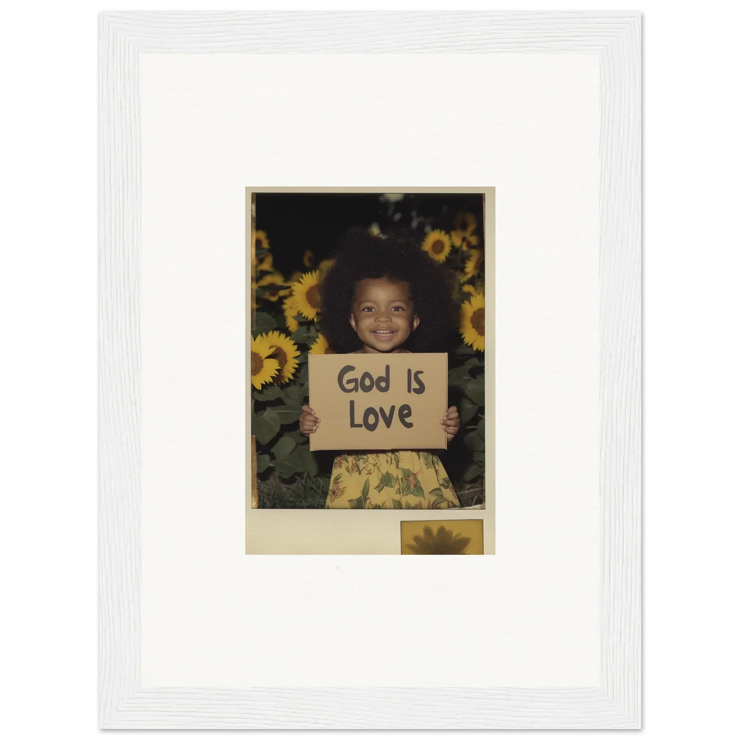 Framed photo of a child with God Is Love sign and sunflowers for room decoration wall art