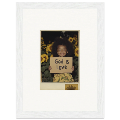 Framed photo of a child with God Is Love sign and sunflowers for room decoration wall art