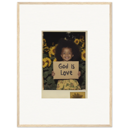 Framed wall art of a child with a God Is Love sign amid sunflowers for room decoration