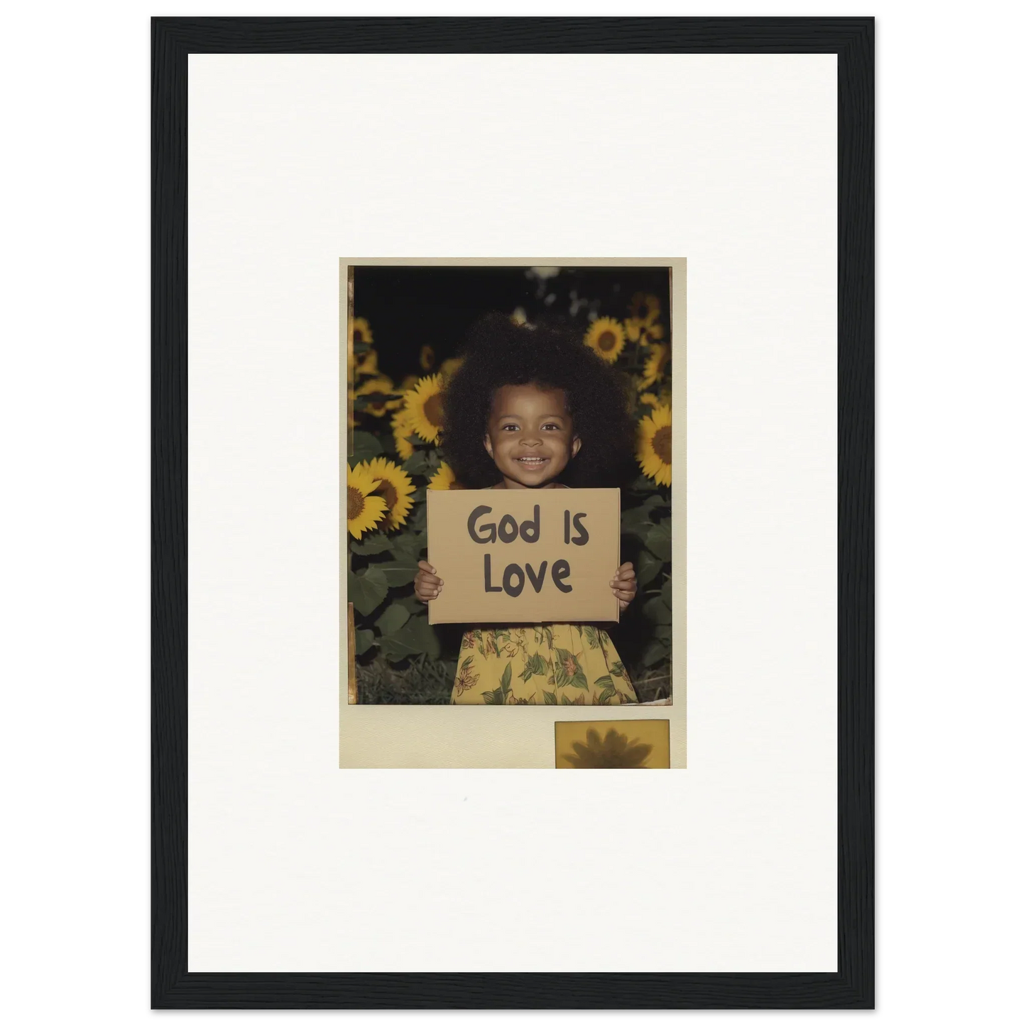 Framed photograph of a child with God Is Love sign and sunflowers for room decoration