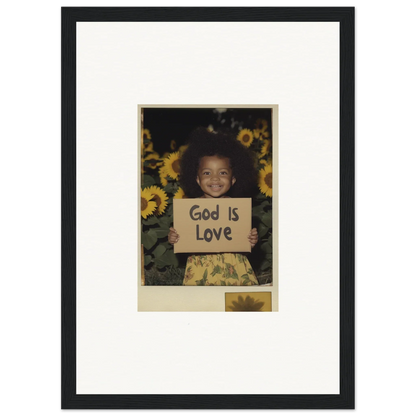 Framed photograph of a child with God Is Love sign and sunflowers for room decoration