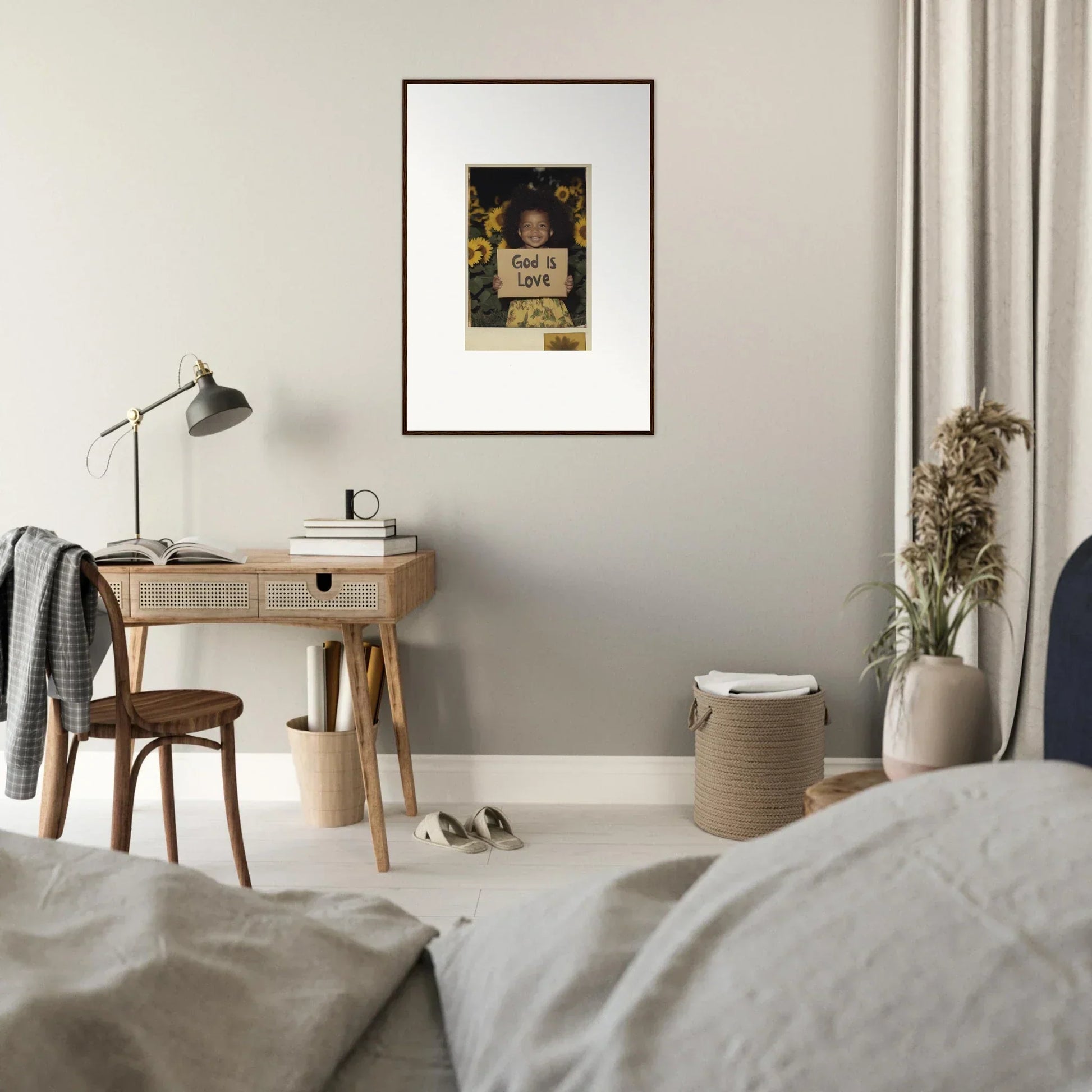 Framed canvas print art above a wooden desk, perfect for stylish room decoration