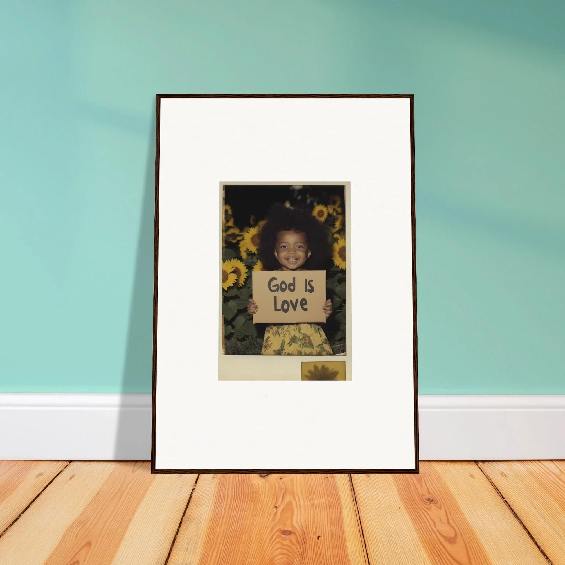 Framed canvas print of a child with God is Love sign in sunflower-filled room decoration