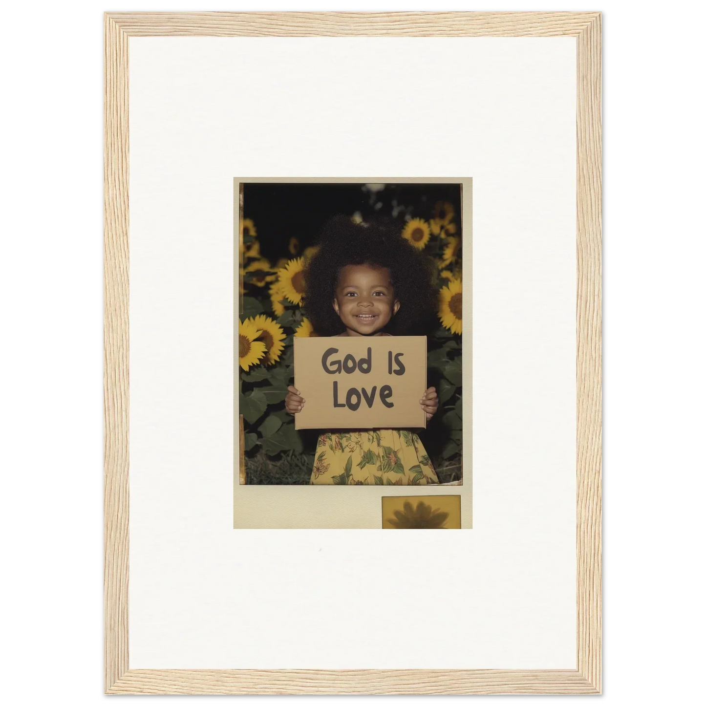 Framed wall art of a child with a God Is Love sign and sunflowers for room decoration