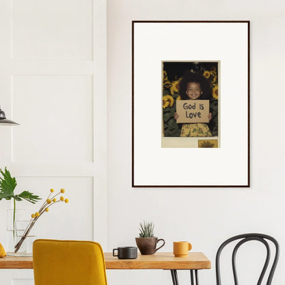 Framed wall art of person with God is Love sign surrounded by bright sunflowers