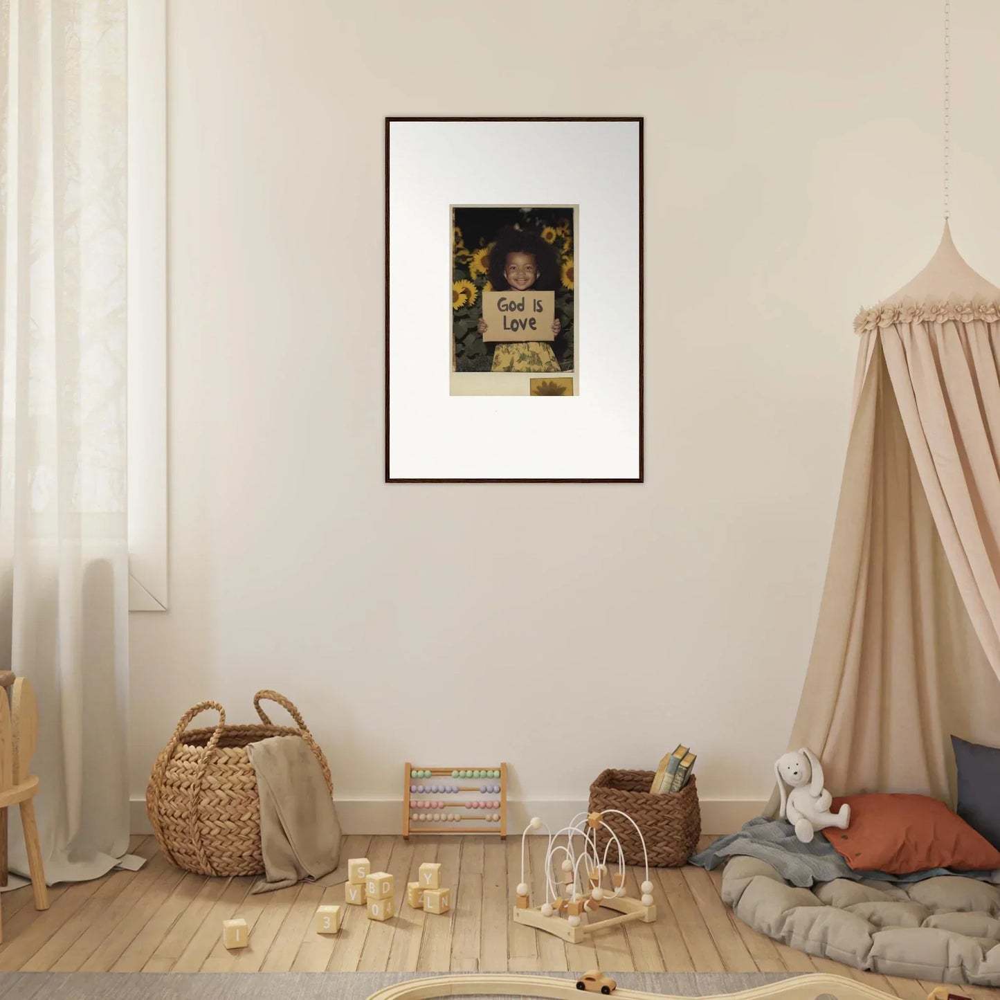 Framed wall art of a person with a God is Love sign and sunflowers for room decoration