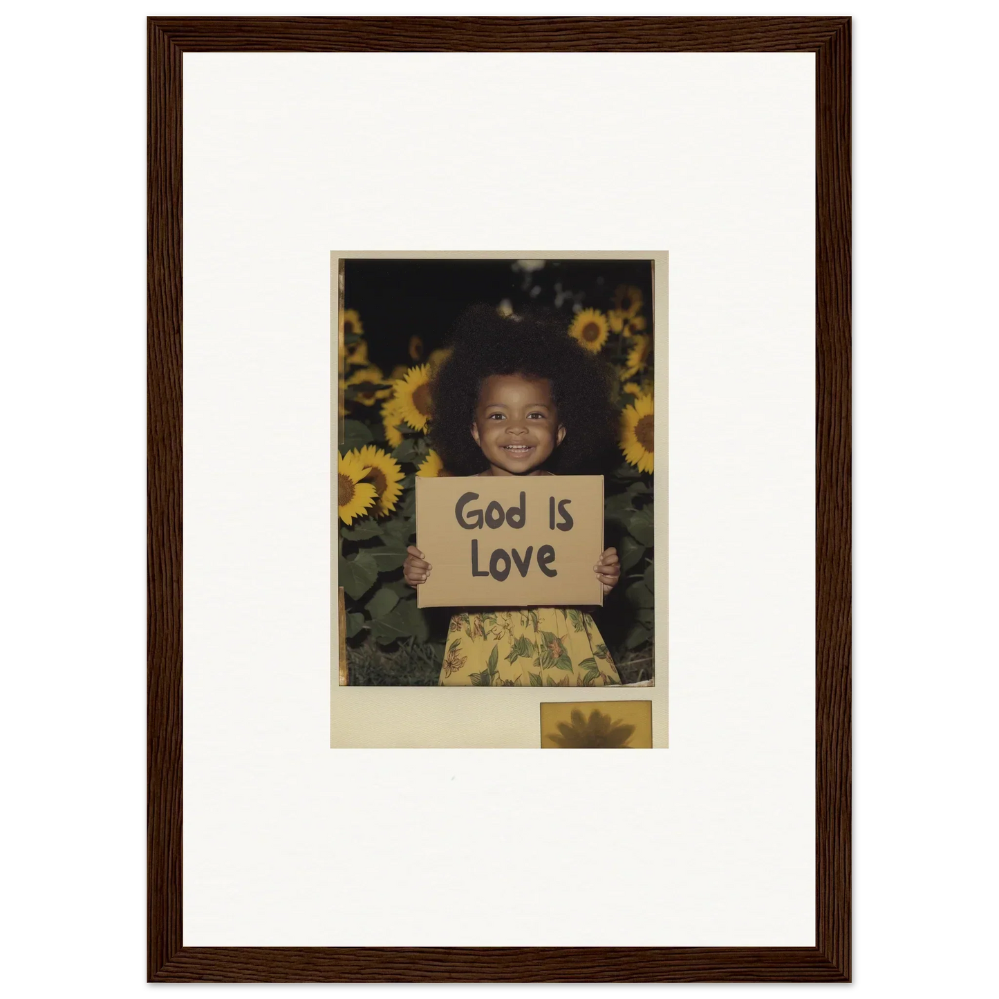 Cute child with God Is Love sign in sunflowers, perfect for room decoration wall art