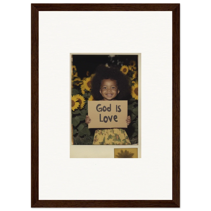 Cute child with God Is Love sign in sunflowers, perfect for room decoration wall art