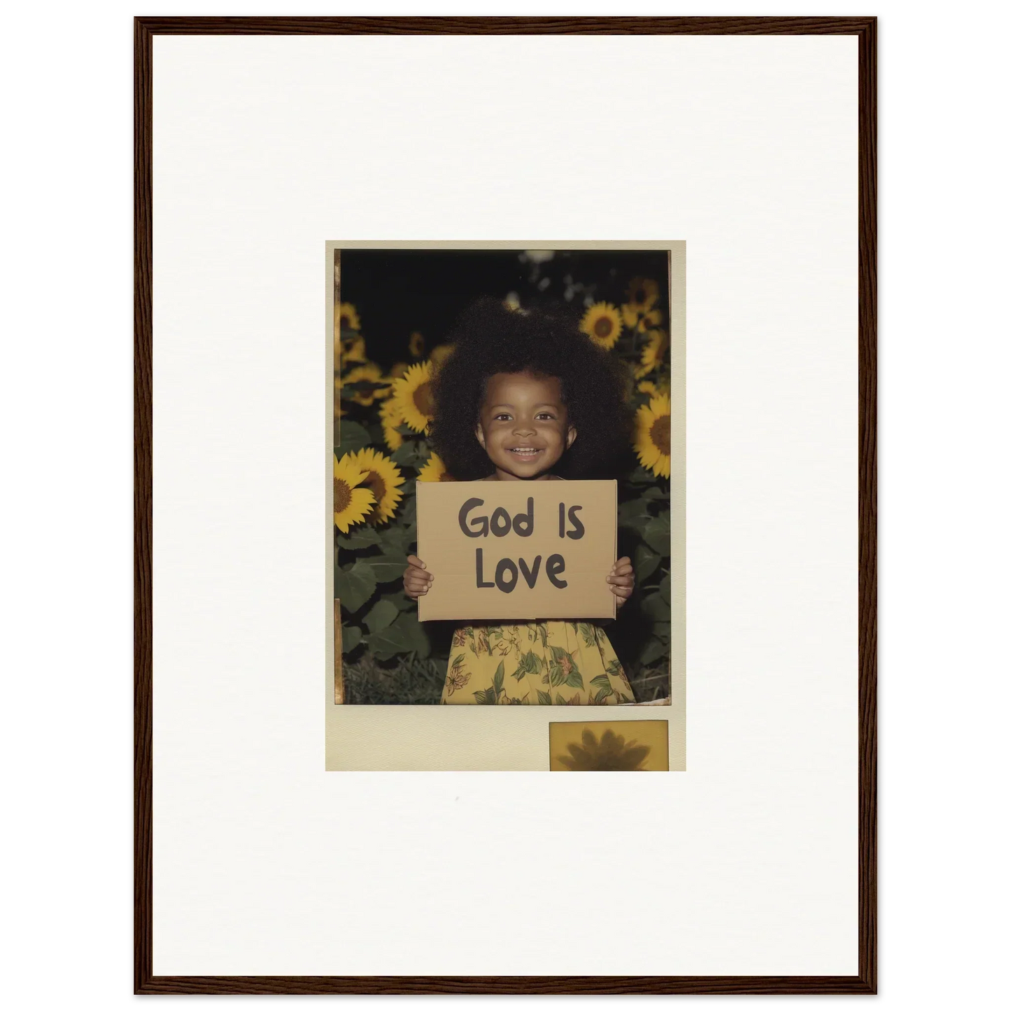 Framed canvas print of a child with sign God Is Love and sunflowers for wall art