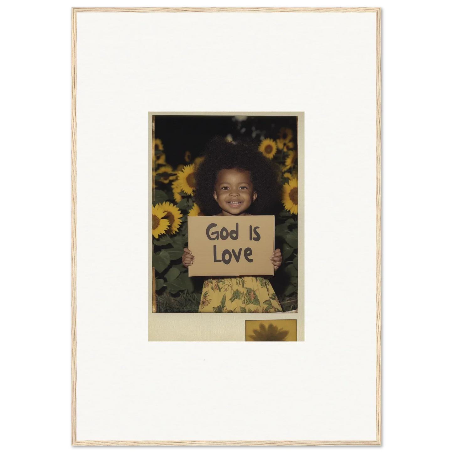 Framed wall art of a child with a God Is Love sign amidst sunflowers for room decoration