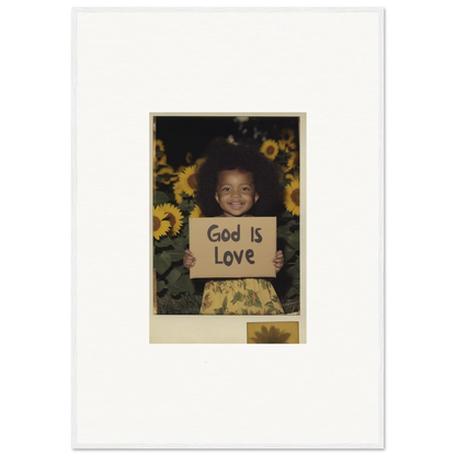 Child holding a God Is Love sign with sunflowers in this heartwarming wall art