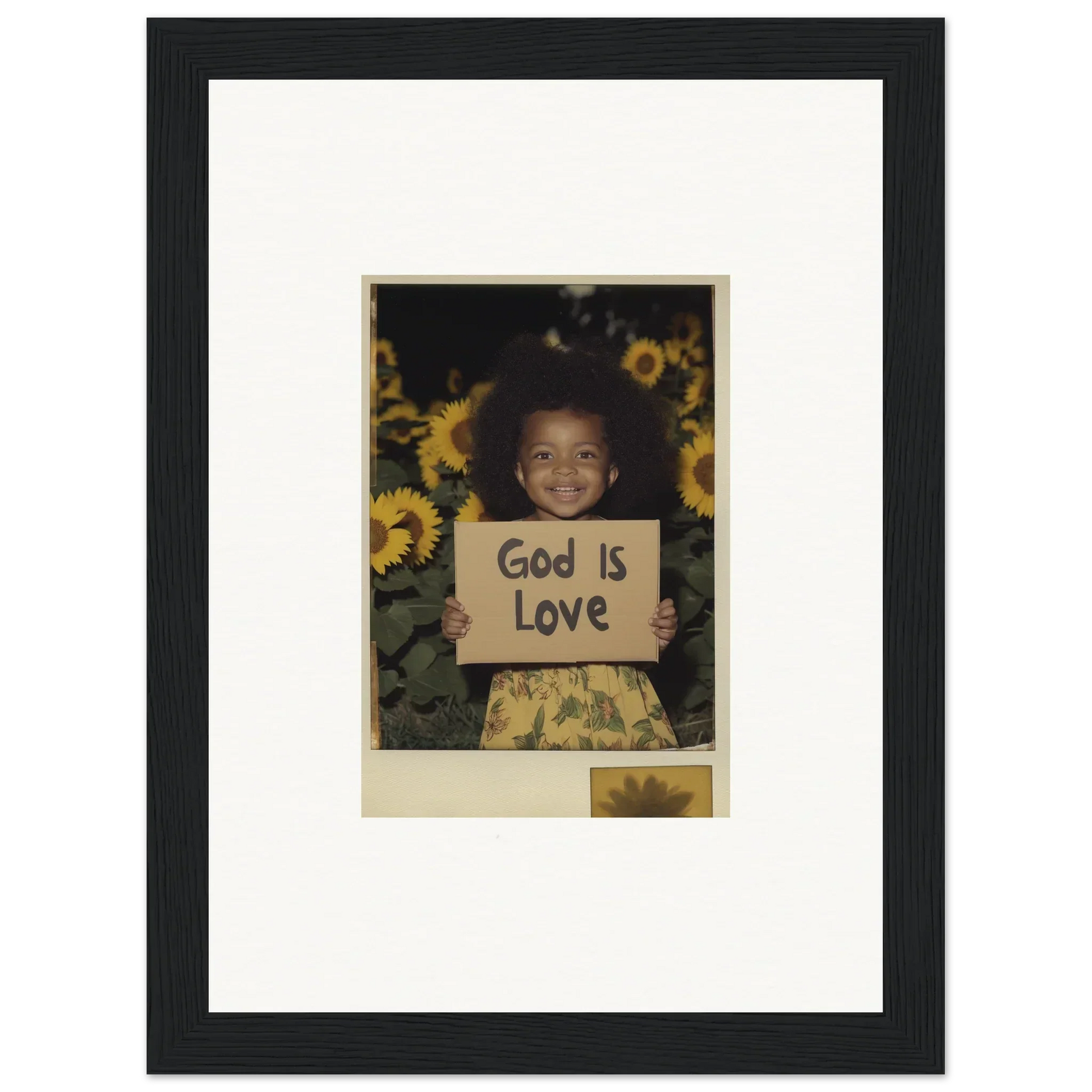 Framed wall art of a child with a God Is Love sign and sunflowers for room decoration