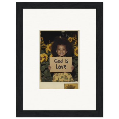 Framed wall art of a child with a God Is Love sign and sunflowers for room decoration